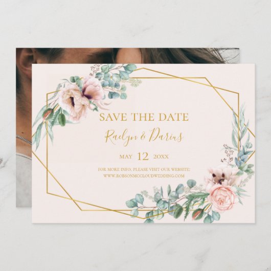 Elegant Blush Floral | Foto Pastel Horizontal Sav Save The Date (Vorne/Hinten)