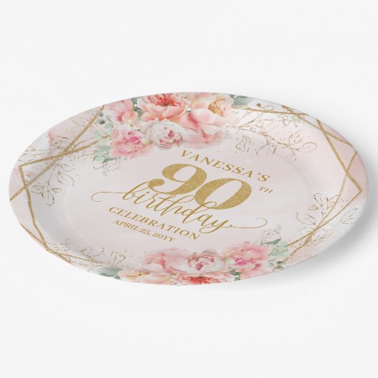Elegant Blush Floral Gold Frame 90th Birthday Plat Pappteller (Schrägansicht)