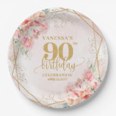 Elegant Blush Floral Gold Frame 90th Birthday Plat Pappteller (Vorderseite)