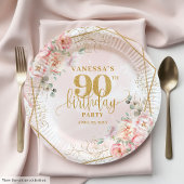 Elegant Blush Floral Gold Frame 90th Birthday Plat Pappteller