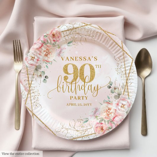 Elegant Blush Floral Gold Frame 90th Birthday Plat Pappteller