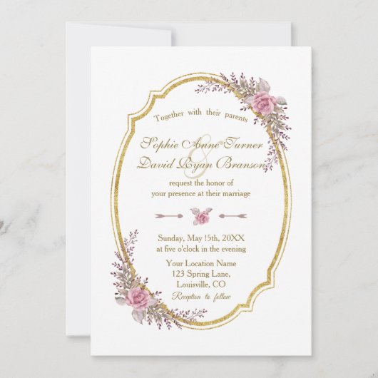 Elegant Blush Floral Gold Frame Wedding Invite Einladung (Vorderseite)