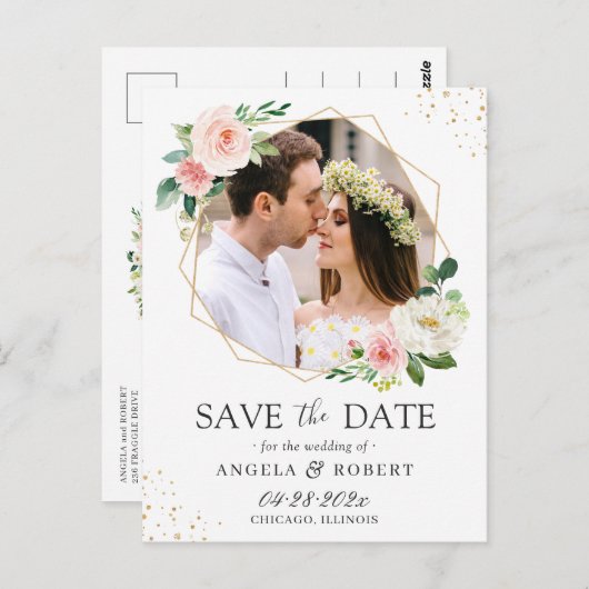 Elegant Blush Floral Gold Geometric Save the Date Postkarte (Vorne/Hinten)