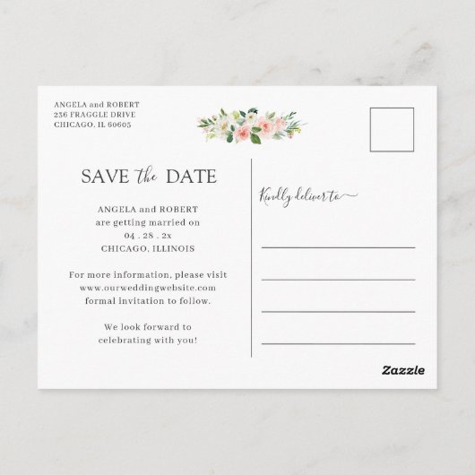 Elegant Blush Floral Gold Geometric Save the Date Postkarte (Rückseite)