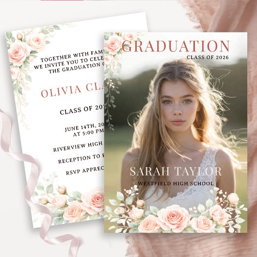 Elegant Blush Floral Graduation Photo Einladung