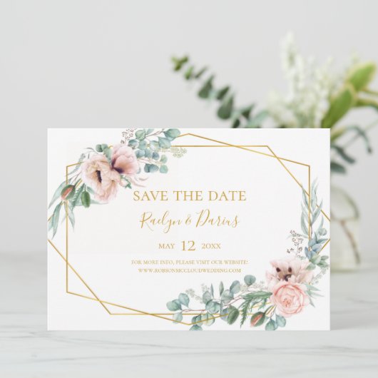 Elegant Blush Floral | Horizontal Save the Date (Stehend Vorderseite)