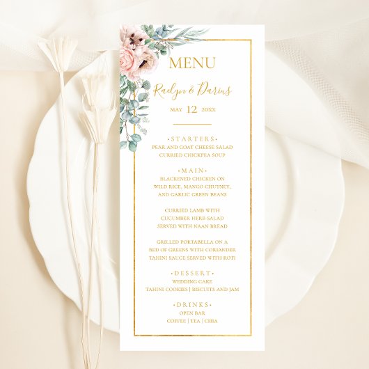 Elegant Blush Floral | Menü für Hochzeiten Menükarte