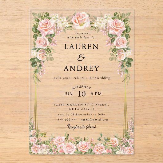 Elegant Blush Floral Modern Wedding Acryleinladungen (Vorderseite)