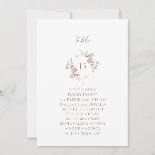 Elegant Blush Floral Monogram Table Seating Card Einladung (Vorderseite)