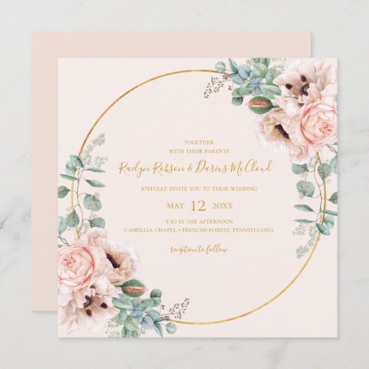 Elegant Blush Floral | Pastel Square Wedding Einladung (Vorne/Hinten)