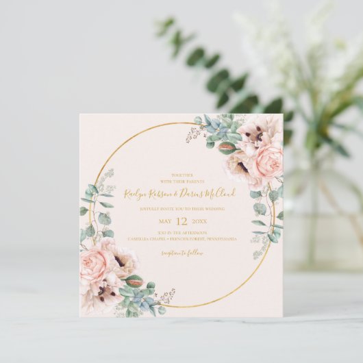 Elegant Blush Floral | Pastel Square Wedding Einladung (Stehend Vorderseite)