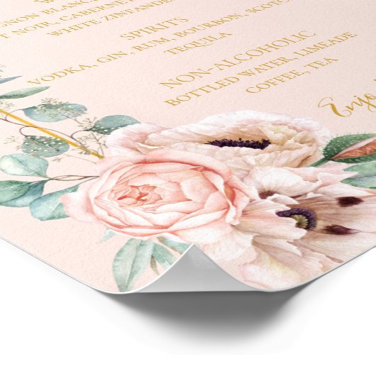 Elegant Blush Floral | Pastel Wedding Drinks Menu Poster (Ecke)