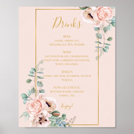 Elegant Blush Floral | Pastel Wedding Drinks Menu Poster (Vorne)