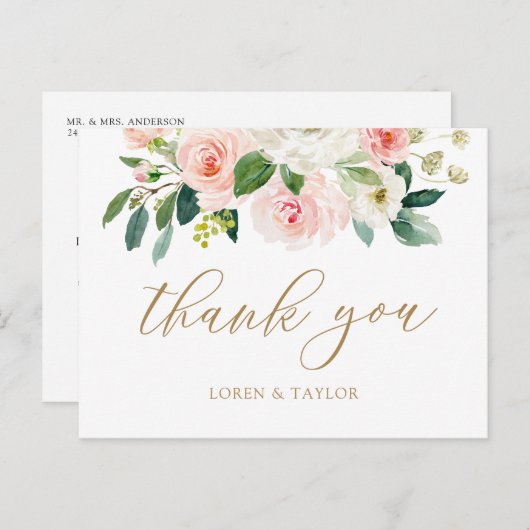 Elegant Blush Floral Wedding Danke Ihre Postkarte (Vorne/Hinten)