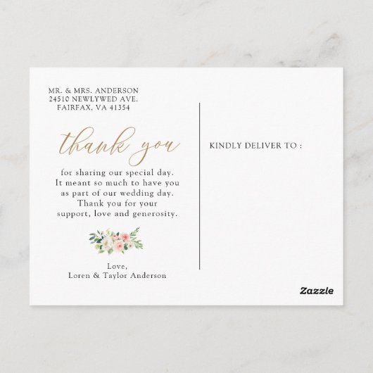 Elegant Blush Floral Wedding Danke Ihre Postkarte (Rückseite)