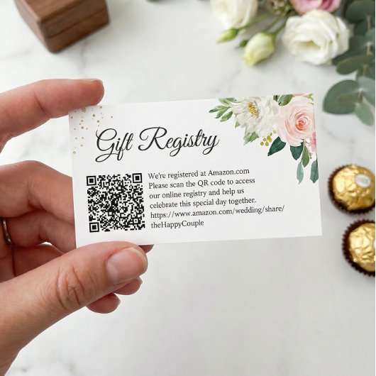 Elegant Blush Floral Wedding Gift Registry QR Code Begleitkarte