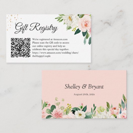 Elegant Blush Floral Wedding Gift Registry QR Code Begleitkarte (Vorne/Hinten)