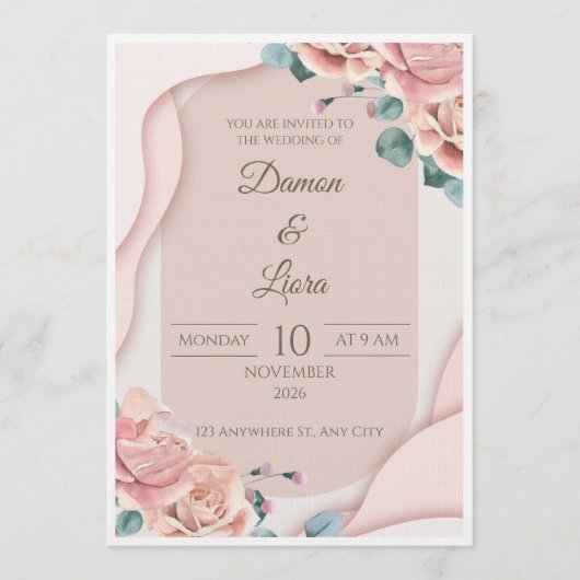 Elegant Blush Floral Wedding Invitation Template Einladung (Vorderseite)
