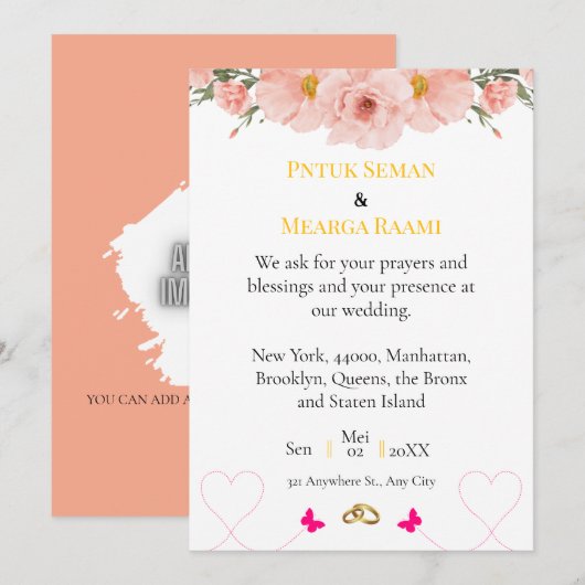 Elegant Blush Floral Wedding Invitation with Gold  Einladung (Vorne/Hinten)