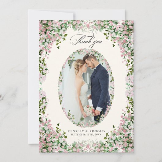 Elegant Blush Garden Photo Dankeskarte (Vorderseite)