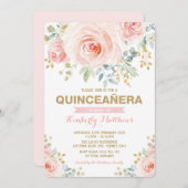 Elegant Blush Gold Blumengrün Quinceañera Einladung (Vorne/Hinten)