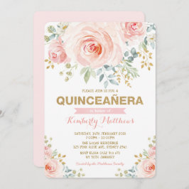 Elegant Blush Gold Blumengrün Quinceañera Einladung