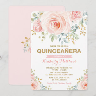 Elegant Blush Gold Blumengrün Quinceañera Einladung
