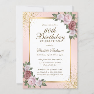 Elegant Blush Gold Confetti Floral 60. Geburtstag Einladung