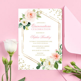 Elegant Blush Gold Pink Floral Quinceñera Einladung