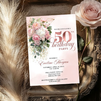 Elegant Blush Greenery Rose Gold 50th Birthday  Einladung