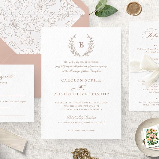 Elegant Blush Laurel Wreath Wedding Monogram Einladung
