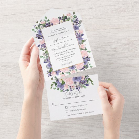 Elegant Blush & Lavender Floral Gold Wedding All In One Einladung (Abreißen)