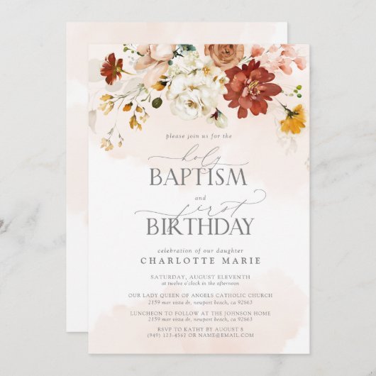 Elegant Blush Pink Aquarelltaufe 1. Geburtstag Einladung (Vorne/Hinten)