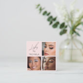 Elegant Blush Pink Black Script 3 Photo Lashes Quadratische Visitenkarte (Stehend Vorderseite)