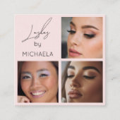 Elegant Blush Pink Black Script 3 Photo Lashes Quadratische Visitenkarte (Vorderseite)