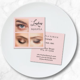 Elegant Blush Pink Black Script 3 Photo Lashes Quadratische Visitenkarte