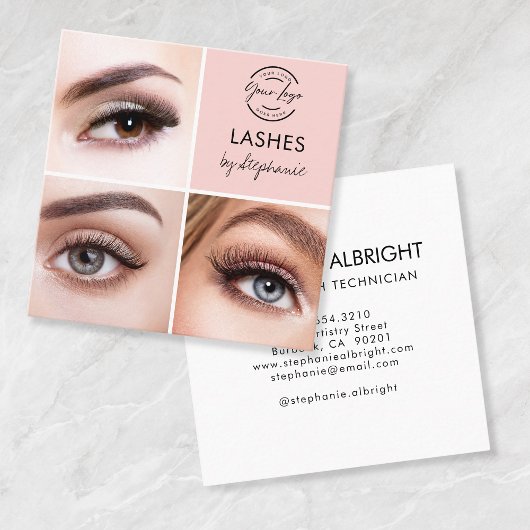 Elegant Blush Pink Black Script 3 Photo Lashes Quadratische Visitenkarte
