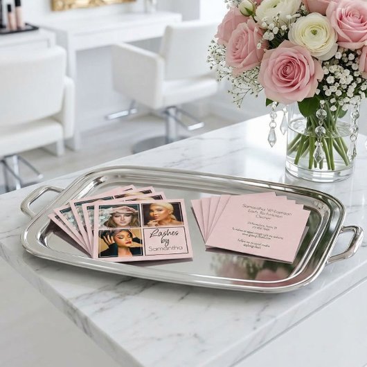 Elegant Blush Pink Black Script 3 Photo Lashes Quadratische Visitenkarte