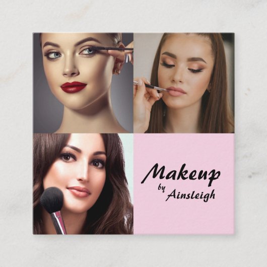 Elegant Blush Pink Black Script 3 Photo Makeup Quadratische Visitenkarte (Vorderseite)