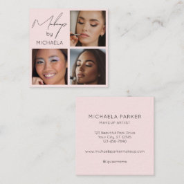 Elegant Blush Pink Black Script 3 Photo Makeup  Quadratische Visitenkarte