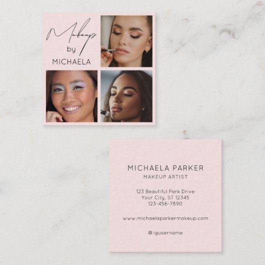Elegant Blush Pink Black Script 3 Photo Makeup  Quadratische Visitenkarte (Vorne/Hinten)