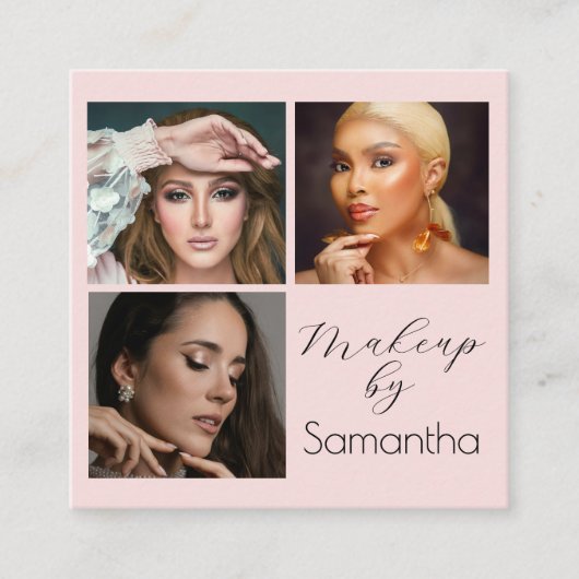 Elegant Blush Pink Black Script 3 Photo Makeup Quadratische Visitenkarte (Vorderseite)