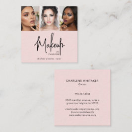 Elegant Blush Pink Black Script 3 Photo Makeup Quadratische Visitenkarte