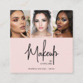 Elegant Blush Pink Black Script 3 Photo Makeup Quadratische Visitenkarte (Vorderseite)