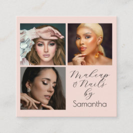 Elegant Blush Pink Black Script 3 Photo Makeup Quadratische Visitenkarte