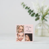 Elegant Blush Pink Black Script 3 Photo Makeup Quadratische Visitenkarte (Stehend Vorderseite)