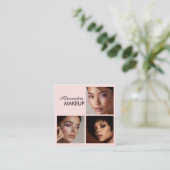 Elegant Blush Pink Black Script 3 Photo Makeup Quadratische Visitenkarte (Stehend Vorderseite)