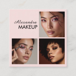 Elegant Blush Pink Black Script 3 Photo Makeup Quadratische Visitenkarte