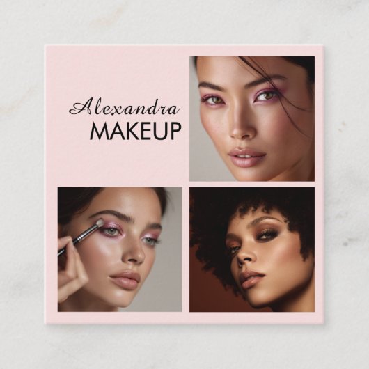 Elegant Blush Pink Black Script 3 Photo Makeup Quadratische Visitenkarte (Vorderseite)