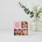 Elegant Blush Pink Black Script 3 Photo Makeup Quadratische Visitenkarte (Stehend Vorderseite)
